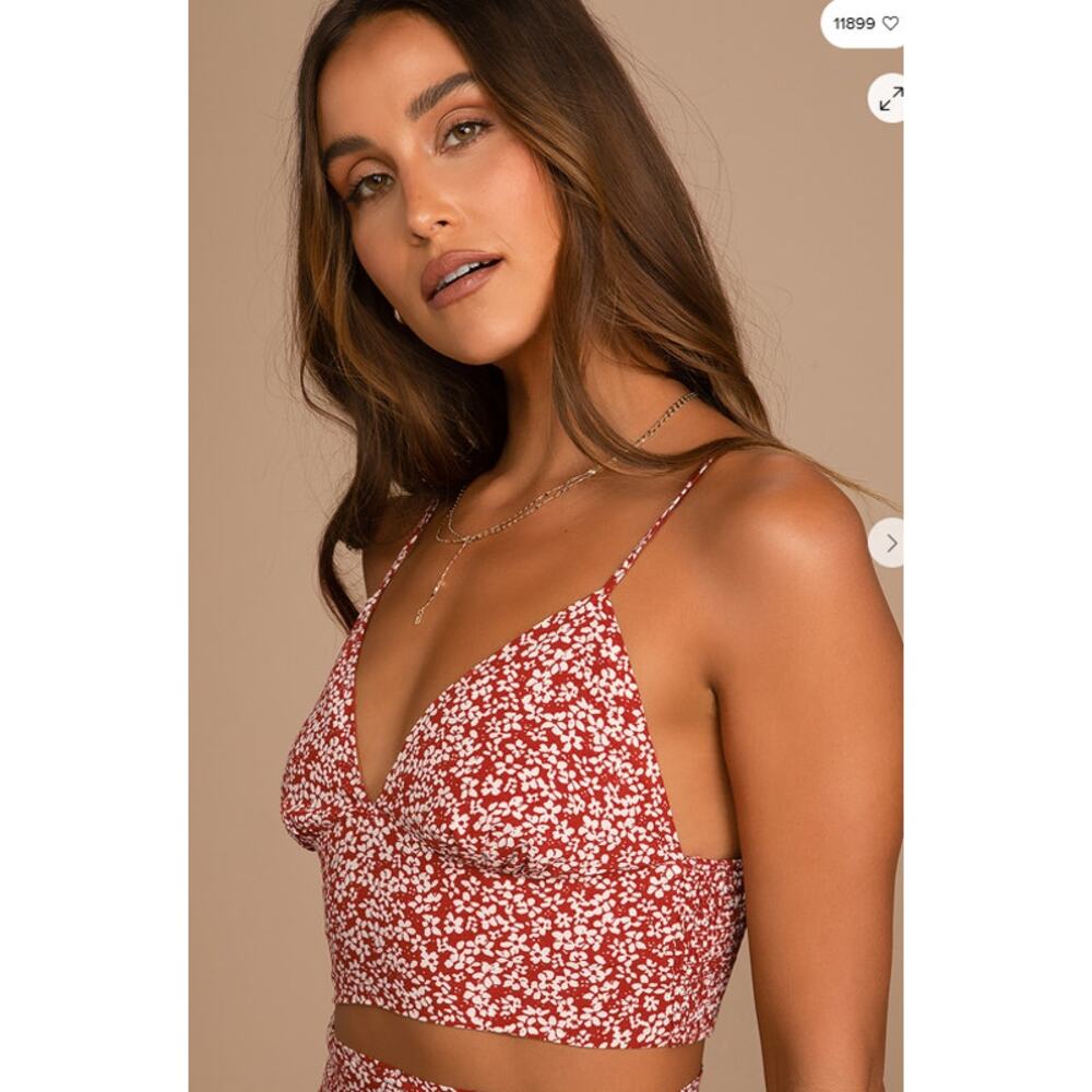Lulu's Women's Summer Romance Rust Brown Floral Print Cropped Top XL